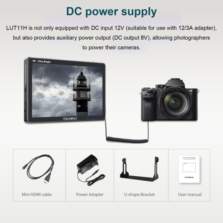 FEELWORLD LUT11H 10.1 Inch Ultra Bright 2000nit DSLR Camera Field Monitor Touch Screen 4K HDMI F970 External Power and Install Kit (US Plug) - On-camera Monitors by FEELWORLD | Online Shopping UK | buy2fix