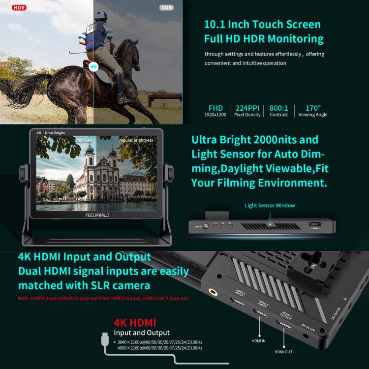 FEELWORLD LUT11H 10.1 Inch Ultra Bright 2000nit DSLR Camera Field Monitor Touch Screen 4K HDMI F970 External Power and Install Kit (UK Plug) - On-camera Monitors by FEELWORLD | Online Shopping UK | buy2fix