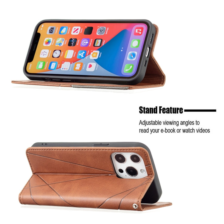 For iPhone 13 Rhombus Texture Horizontal Flip Magnetic Leather Case with Holder & Card Slots(Brown) - iPhone 13 Cases by buy2fix | Online Shopping UK | buy2fix