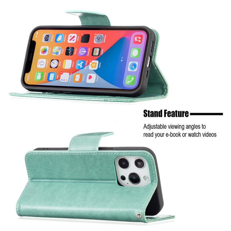 For iPhone 13 Pro Max Embossing Two Butterflies Pattern Horizontal Flip PU Leather Case with Holder & Card Slot & Wallet & Lanyard (Green) - iPhone 13 Pro Max Cases by buy2fix | Online Shopping UK | buy2fix