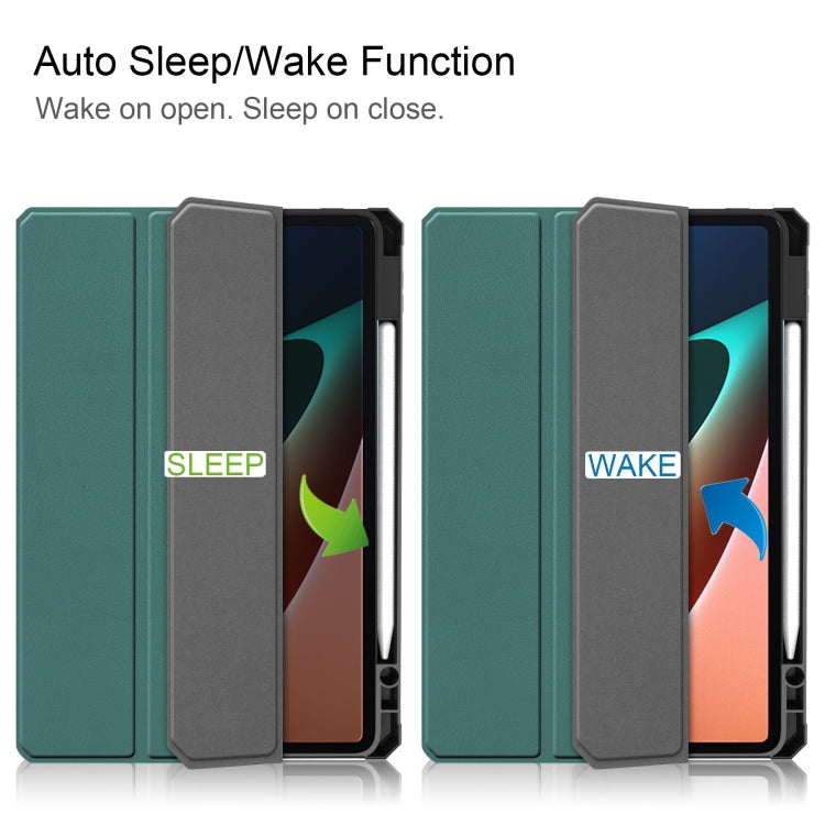 For Xiaomi Pad 5 / 5 Pro Custer Texture Horizontal Flip Leather Case with Three-folding Holder & Sleep / Wake-up Function(Dark Green) - More Tablet Cases by buy2fix | Online Shopping UK | buy2fix