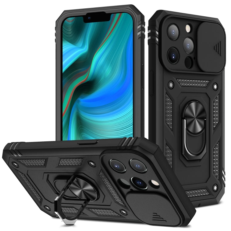 For iPhone 13 Pro Max Sliding Camera Cover Design TPU + PC Protective Case with 360 Degree Rotating Holder & Card Slot (Black+Black) - iPhone 13 Pro Max Cases by buy2fix | Online Shopping UK | buy2fix