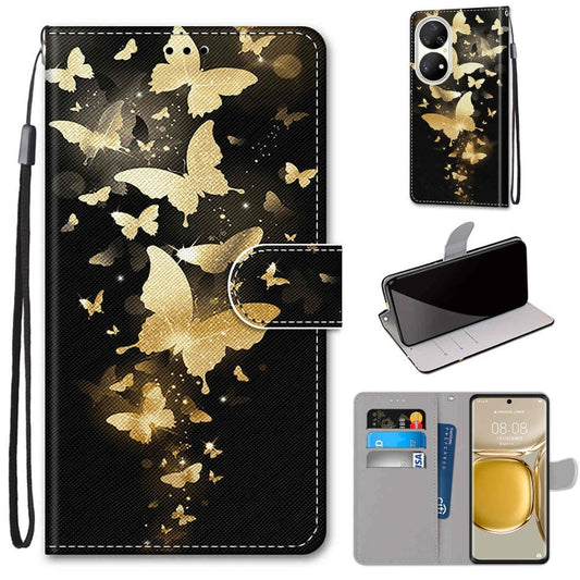 For Huawei P50 Pro Coloured Drawing Cross Texture Horizontal Flip PU Leather Case with Holder & Card Slots & Wallet & Lanyard(Golden Butterfly Group) - Huawei Cases by buy2fix | Online Shopping UK | buy2fix