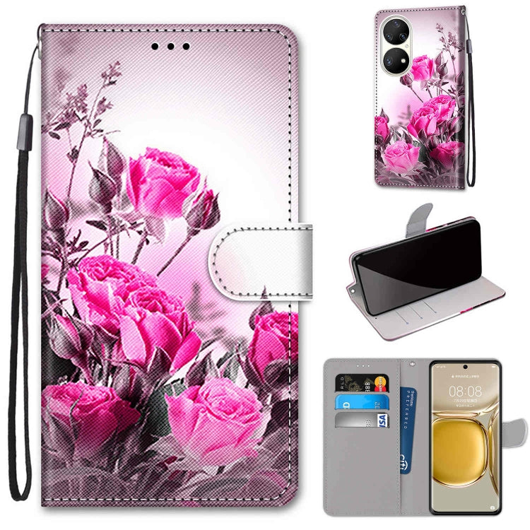 For Huawei P50 Pro Coloured Drawing Cross Texture Horizontal Flip PU Leather Case with Holder & Card Slots & Wallet & Lanyard(Wild Rose) - Huawei Cases by buy2fix | Online Shopping UK | buy2fix