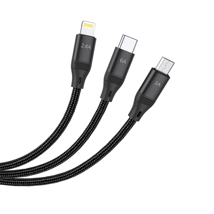 hoco U104 Ultra 3 in 1 6A Fast Charging Data Cable USB to 8 Pin + Micro USB + USB-C / Type-C Cable, Cable Length: 1.2m(Black) - Multifunction Cable by hoco | Online Shopping UK | buy2fix