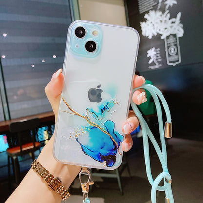 For iPhone 13 Pro Hollow Marble Pattern TPU Precise Hole Protective Case with Neck Strap Rope (Blue) - iPhone 13 Pro Cases by buy2fix | Online Shopping UK | buy2fix