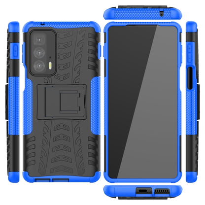 For Motorola Edge 20 Pro Tire Texture Shockproof TPU+PC Protective Case with Holder(Blue) - Motorola Cases by buy2fix | Online Shopping UK | buy2fix