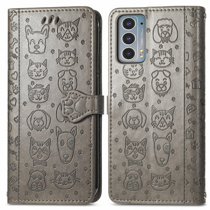 For Motorola Moto Edge 20 Lovely Cat and Dog Embossing Pattern Horizontal Flip Leather Case , with Holder & Card Slots & Wallet & Cartoon Clasp & Lanyard(Grey) - Motorola Cases by buy2fix | Online Shopping UK | buy2fix