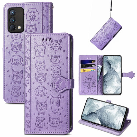 For OPPO Realme GT Master Lovely Cat and Dog Embossing Pattern Horizontal Flip Leather Case , with Holder & Card Slots & Wallet & Cartoon Clasp & Lanyard(Purple) - Realme Cases by buy2fix | Online Shopping UK | buy2fix