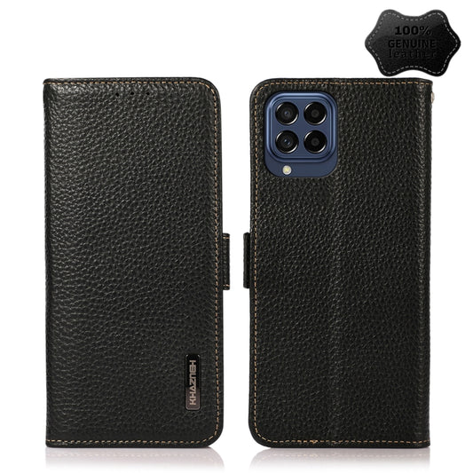 For Samsung Galaxy M53 5G KHAZNEH Side-Magnetic Litchi Genuine Leather RFID Phone Case(Black) - Galaxy Phone Cases by buy2fix | Online Shopping UK | buy2fix