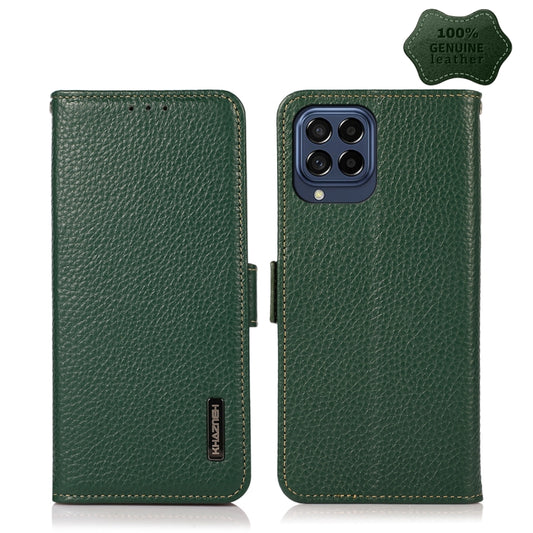 For Samsung Galaxy M53 5G KHAZNEH Side-Magnetic Litchi Genuine Leather RFID Phone Case(Green) - Galaxy Phone Cases by buy2fix | Online Shopping UK | buy2fix