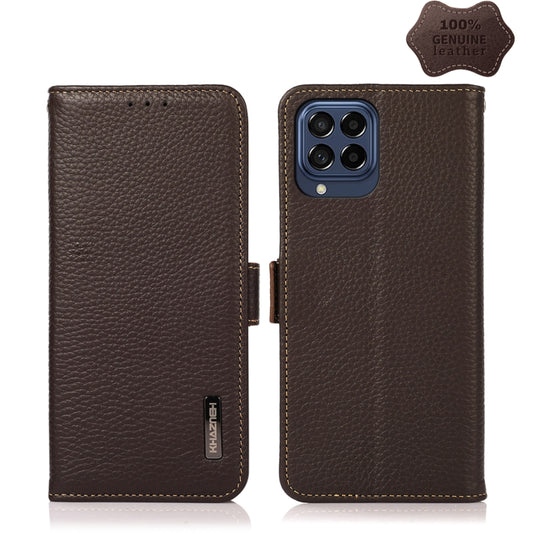 For Samsung Galaxy M53 5G KHAZNEH Side-Magnetic Litchi Genuine Leather RFID Phone Case(Brown) - Galaxy Phone Cases by buy2fix | Online Shopping UK | buy2fix