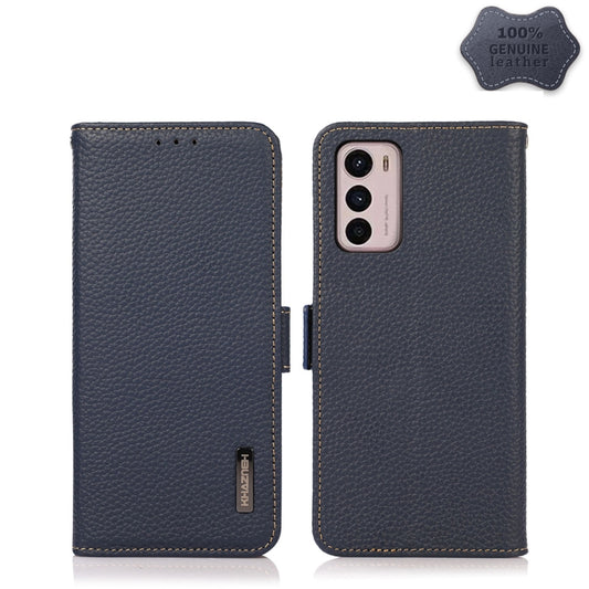 For Motorola Moto G42 KHAZNEH Side-Magnetic Litchi Genuine Leather RFID Phone Case(Blue) - Motorola Cases by buy2fix | Online Shopping UK | buy2fix