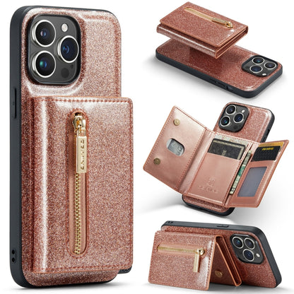 For iPhone 14 Pro Max DG.MING M3 Series Glitter Powder Card Bag Leather Case(Rose Gold) - iPhone 14 Pro Max Cases by DG.MING | Online Shopping UK | buy2fix