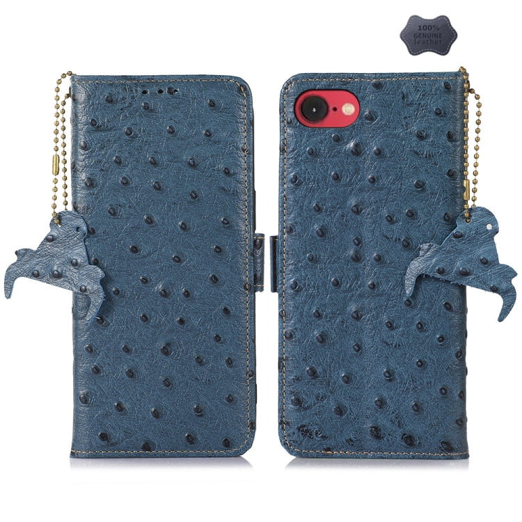 For iPhone SE 2024 Ostrich Pattern Genuine Leather RFID Phone Case(Blue) - More iPhone Cases by buy2fix | Online Shopping UK | buy2fix