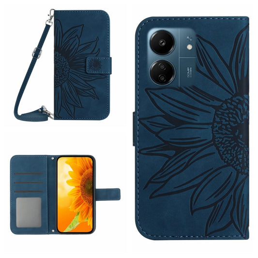 For Xiaomi Redmi 13C 4G Skin Feel Sun Flower Embossed Flip Leather Phone Case with Lanyard(Inky Blue) - 13C Cases by buy2fix | Online Shopping UK | buy2fix