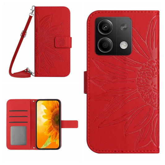 For Xiaomi Redmi Note 13 Pro 4G Global Skin Feel Sun Flower Embossed Flip Leather Phone Case with Lanyard(Red) - Note 13 Pro Cases by buy2fix | Online Shopping UK | buy2fix