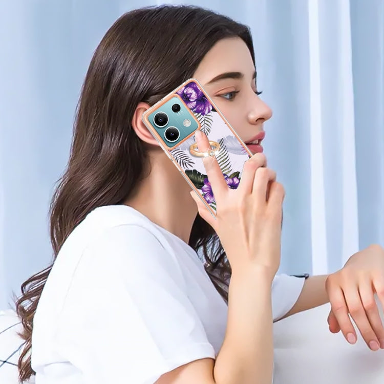 For Xiaomi Redmi Note 13 5G Global Electroplating IMD TPU Phone Case with Ring(Purple Flower) - Note 13 Cases by buy2fix | Online Shopping UK | buy2fix