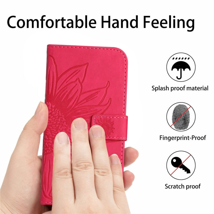 For iPhone 16 Pro Max Skin Feel Sun Flower Embossed Flip Leather Phone Case with Lanyard(Rose Red) - iPhone 16 Pro Max Cases by buy2fix | Online Shopping UK | buy2fix