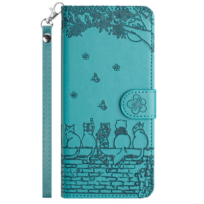 For iPhone 16 Pro Cat Embossing Pattern Leather Phone Case with Lanyard(Blue) - iPhone 16 Pro Cases by buy2fix | Online Shopping UK | buy2fix