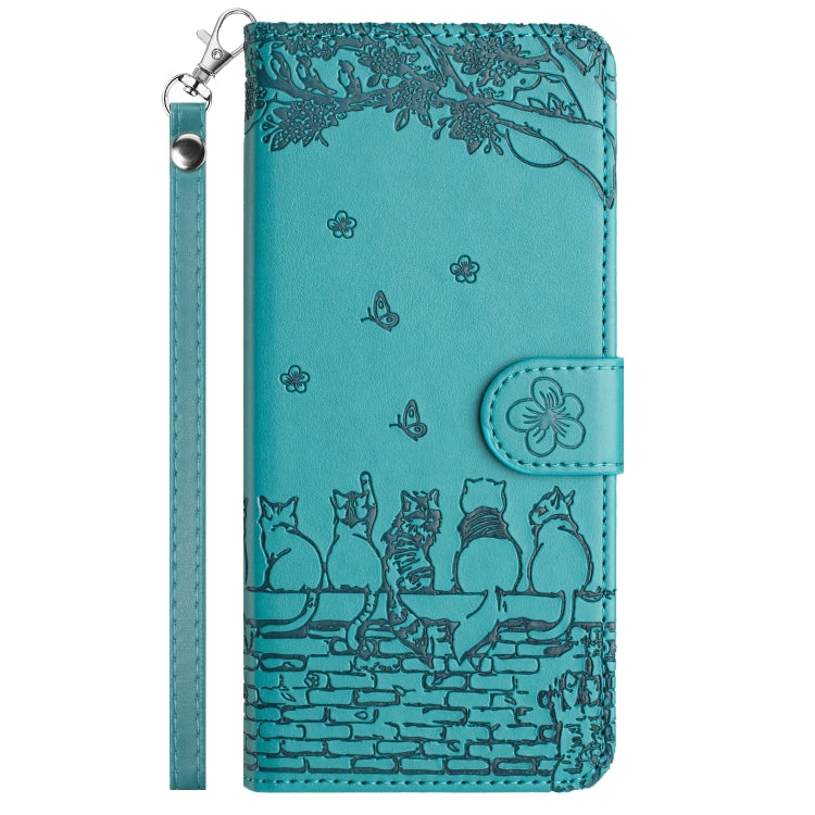 For iPhone 16 Cat Embossing Pattern Leather Phone Case with Lanyard(Blue) - iPhone 16 Cases by buy2fix | Online Shopping UK | buy2fix