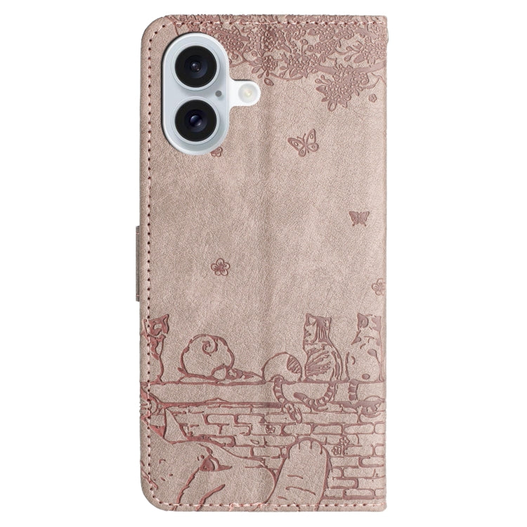 For iPhone 16 Cat Embossing Pattern Leather Phone Case with Lanyard(Grey) - iPhone 16 Cases by buy2fix | Online Shopping UK | buy2fix