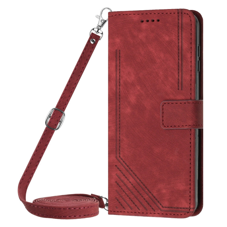 For Xiaomi Redmi Note 13 Pro+ Skin Feel Stripe Pattern Leather Phone Case with Long Lanyard(Red) - Note 13 Pro+ Cases by buy2fix | Online Shopping UK | buy2fix