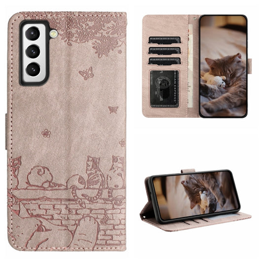For Samsung Galaxy S22+ Cat Embossing Pattern Leather Phone Case with Lanyard(Grey) - Galaxy S22+ 5G Cases by buy2fix | Online Shopping UK | buy2fix