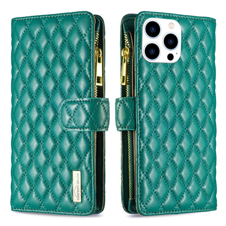 For iPhone 16 Pro Diamond Lattice Zipper Wallet Leather Flip Phone Case(Green) - iPhone 16 Pro Cases by buy2fix | Online Shopping UK | buy2fix