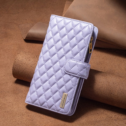 For iPhone 16 Pro Diamond Lattice Zipper Wallet Leather Flip Phone Case(Purple) - iPhone 16 Pro Cases by buy2fix | Online Shopping UK | buy2fix