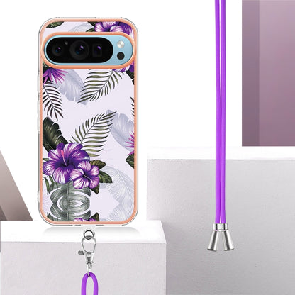 For Google Pixel 9 Pro XL Electroplating IMD TPU Phone Case with Lanyard(Purple Flower) - Google Cases by buy2fix | Online Shopping UK | buy2fix