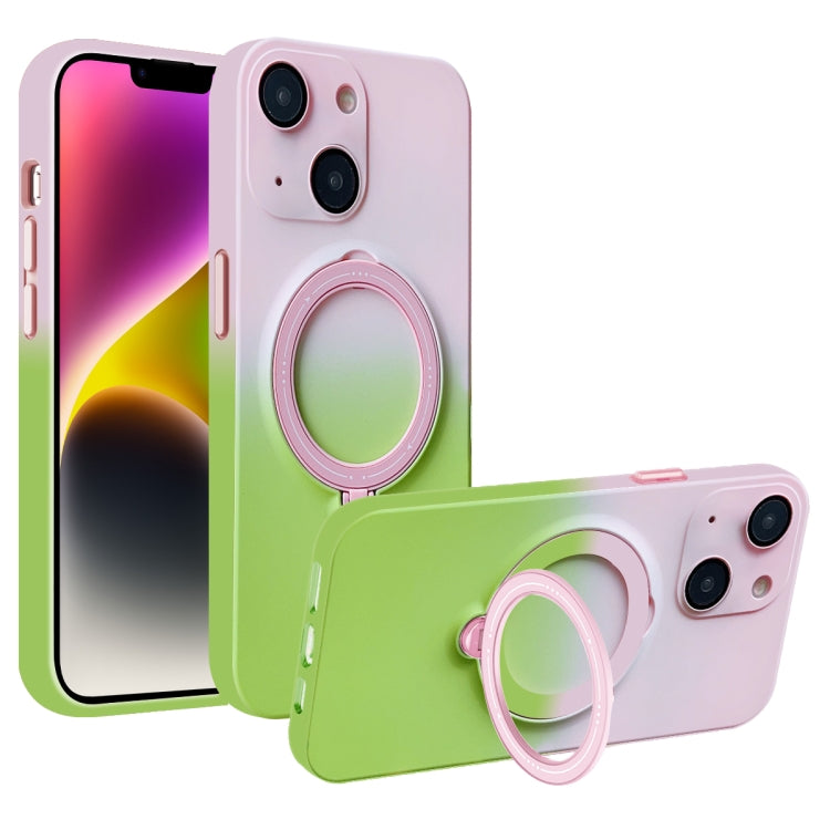 For iPhone 14 MagSafe Holder Gradient TPU Phone Case(Pink Green) - iPhone 14 Cases by buy2fix | Online Shopping UK | buy2fix