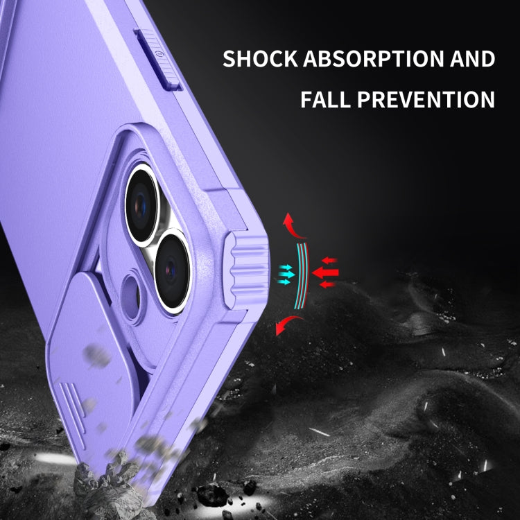 For iPhone 16 Stereoscopic Holder Sliding Camshield Phone Case(Purple) - iPhone 16 Cases by buy2fix | Online Shopping UK | buy2fix