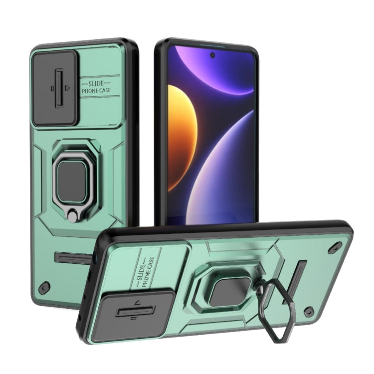 For Xiaomi Redmi Note 12 Turbo 5G Sliding Camshield TPU + PC Shockproof Phone Case with Holder(Green) - Xiaomi Cases by buy2fix | Online Shopping UK | buy2fix