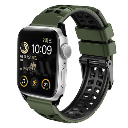 For Apple Watch SE 2023 44mm Twill Dual-row Buckle Silicone Watch Band(Army Green Black) - Watch Bands by buy2fix | Online Shopping UK | buy2fix