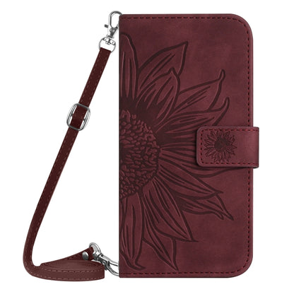 For Motorola Moto G Play 4G 2024 HT04 Skin Feel Sun Flower Embossed Flip Leather Phone Case with Lanyard(Wine Red) - Motorola Cases by buy2fix | Online Shopping UK | buy2fix