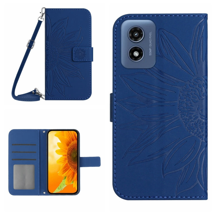 For Motorola Moto G Play 4G 2024 HT04 Skin Feel Sun Flower Embossed Flip Leather Phone Case with Lanyard(Dark Blue) - Motorola Cases by buy2fix | Online Shopping UK | buy2fix