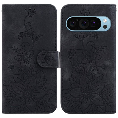 For Google Pixel 9 Lily Embossed Leather Phone Case(Black) - Google Cases by buy2fix | Online Shopping UK | buy2fix