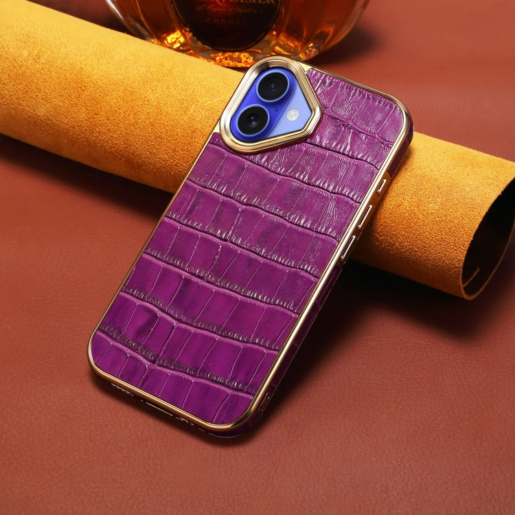 For iPhone 16 Plus Denior Crocodile Texture Genuine Leather Electroplating Phone Case(Purple) - More iPhone Cases by Denior | Online Shopping UK | buy2fix