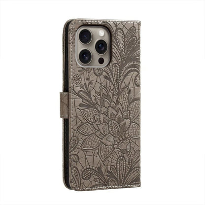 For iPhone 16 Pro Max Lace Flower Embossing Flip Leather Phone Case(Grey) - iPhone 16 Pro Max Cases by buy2fix | Online Shopping UK | buy2fix