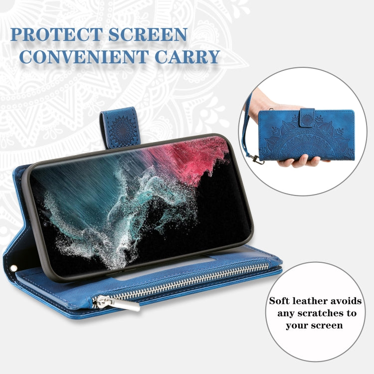 For Samsung Galaxy S22 Ultra 5G Multi-Card Totem Zipper Leather Phone Case(Blue) - Galaxy S22 Ultra 5G Cases by buy2fix | Online Shopping UK | buy2fix