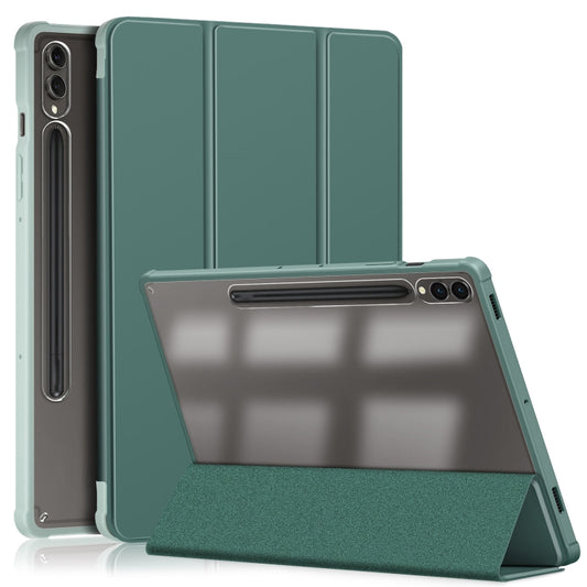 For Samsung Galaxy Tab S9+ Acrylic 3-folding Smart Leather Tablet Case(Deep Green) - Galaxy Tab S9+ Cases by buy2fix | Online Shopping UK | buy2fix