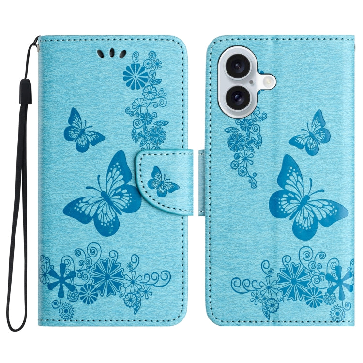 For iPhone 16 Butterfly Embossed Flip Leather Phone Case(Blue) - iPhone 16 Cases by buy2fix | Online Shopping UK | buy2fix