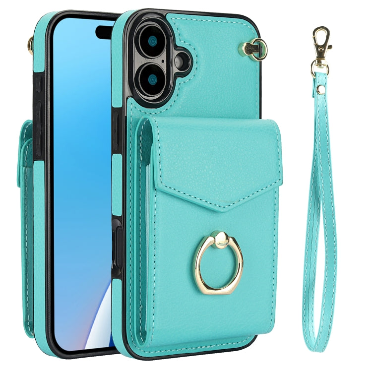 For iPhone 16 Ring Holder RFID Card Slot Phone Case(Mint Green) - iPhone 16 Cases by buy2fix | Online Shopping UK | buy2fix