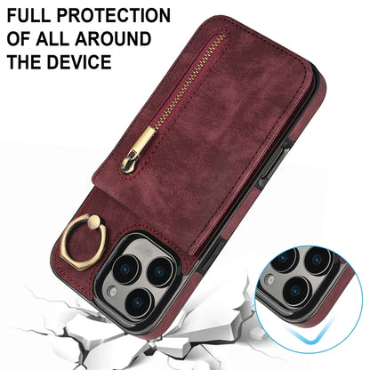 For iPhone 16 Pro Retro Ring and Zipper RFID Card Slot Phone Case(Wine Red) - iPhone 16 Pro Cases by buy2fix | Online Shopping UK | buy2fix