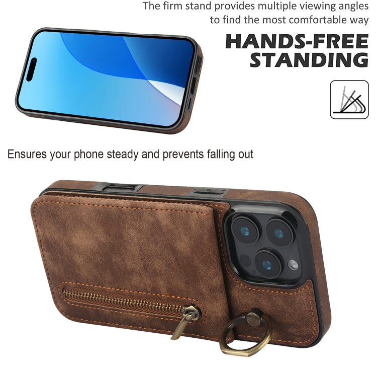 For iPhone 16 Pro Retro Ring and Zipper RFID Card Slot Phone Case(Brown) - iPhone 16 Pro Cases by buy2fix | Online Shopping UK | buy2fix