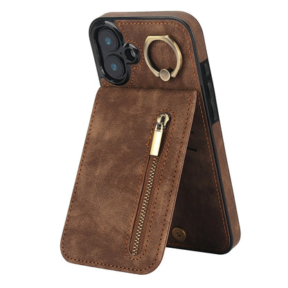 For iPhone 16 Plus Retro Ring and Zipper RFID Card Slot Phone Case(Brown) - iPhone 16 Plus Cases by buy2fix | Online Shopping UK | buy2fix