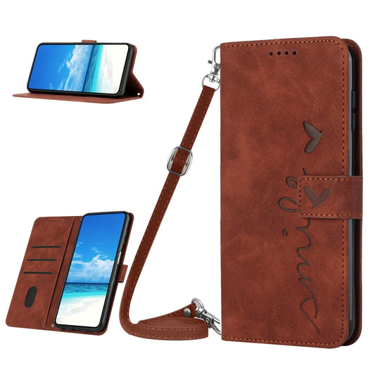 For Realme 11 4G Global Skin Feel Heart Pattern Leather Phone Case with Lanyard(Brown) - Realme Cases by buy2fix | Online Shopping UK | buy2fix