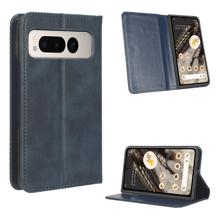 For Google Pixel Fold Magnetic Buckle Retro Texture Leather Phone Case(Blue) - Google Cases by buy2fix | Online Shopping UK | buy2fix