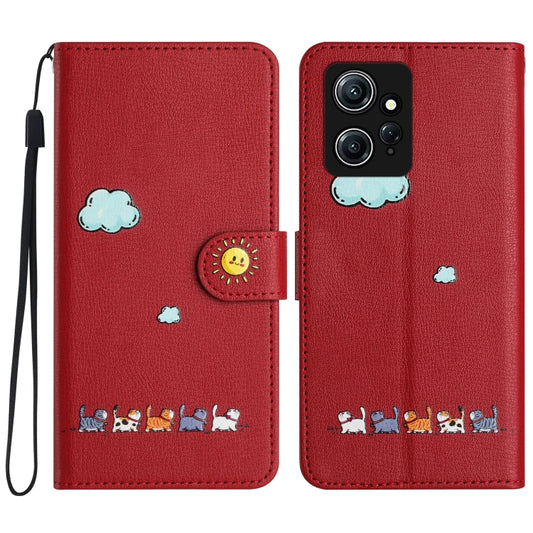For Xiaomi Redmi Note 12 4G Global Cartoon Cats Leather Phone Case(Red) - Xiaomi Cases by buy2fix | Online Shopping UK | buy2fix